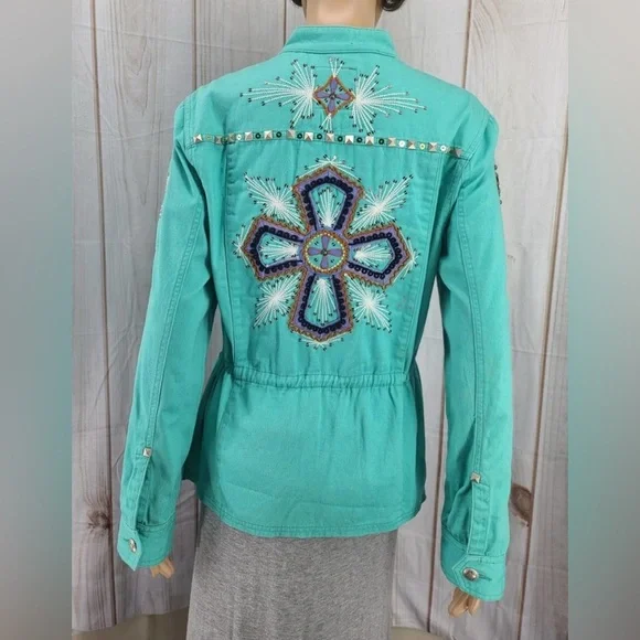 Double D Ranch Embroidered Studded Turquoise Jacket Blazer Western. Size XS - Picture 4 of 16
